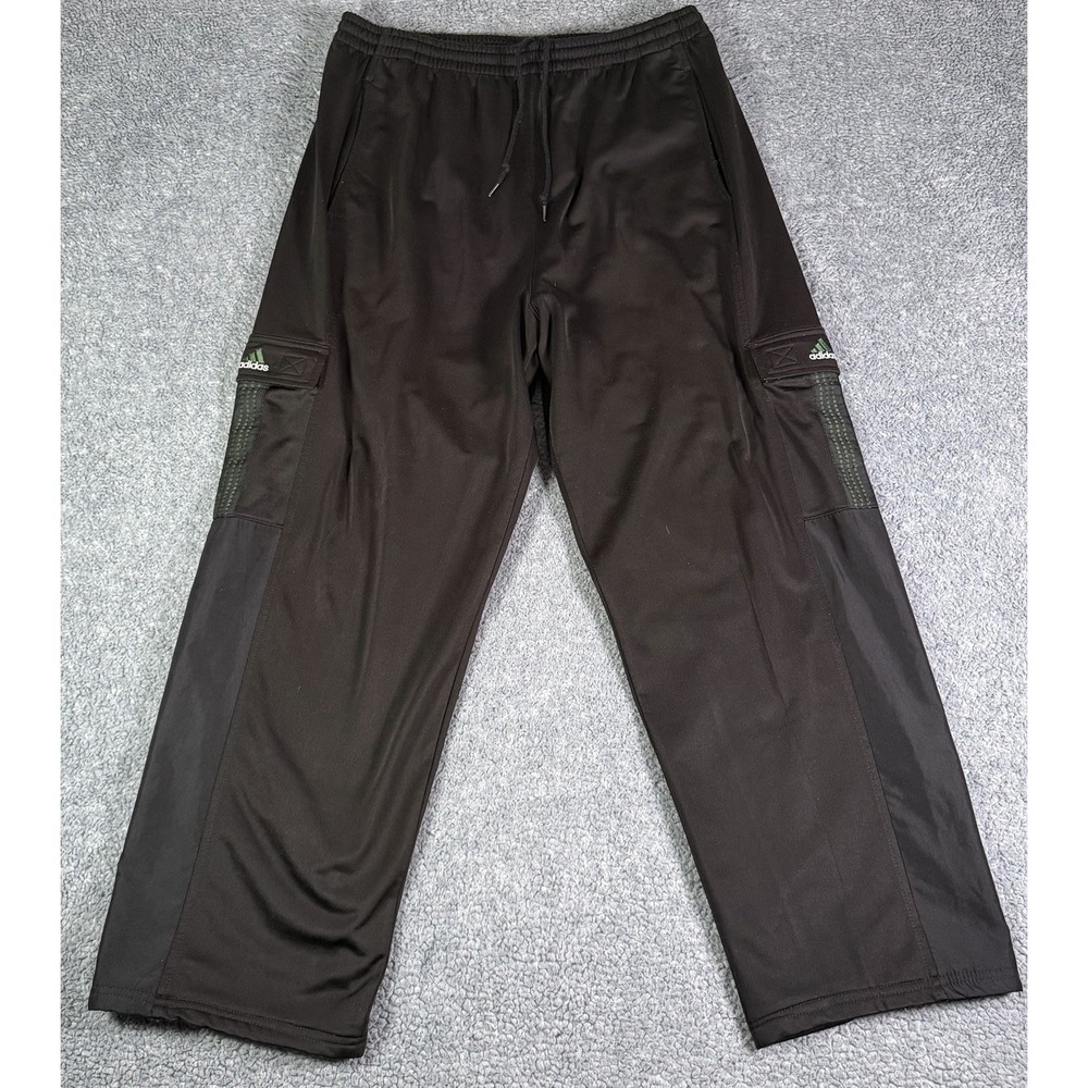 VTG Adidas Track Pants Mens Large Black Y2K Baggy Wide Leg Cargo Green Pockets